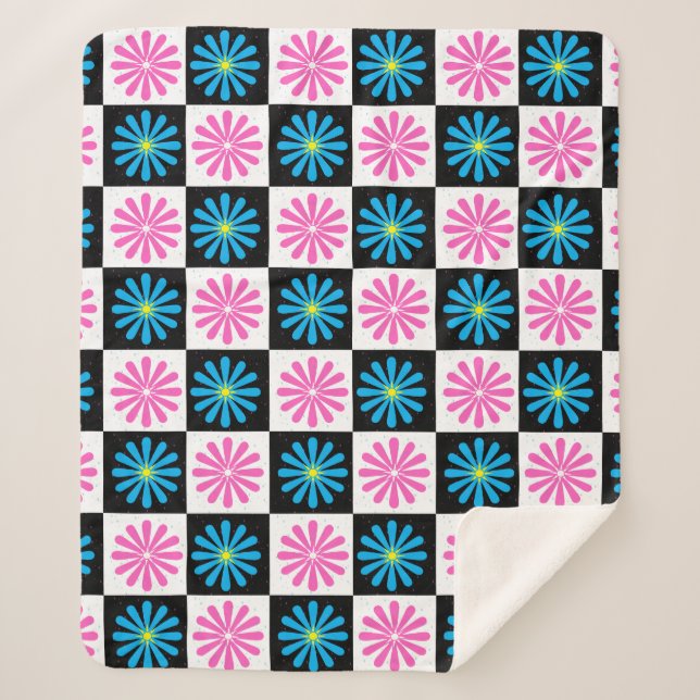 Geometric Pink Blue Floral Pattern   Sherpa Blanket (Front)