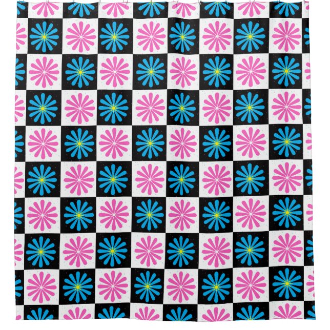 Geometric Pink Blue Floral Pattern  Shower Curtain (Front)
