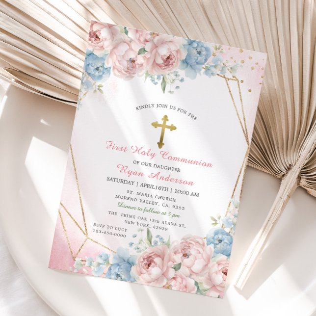 Geometric Pink Blue Roses First Holy Communion Invitation (Creator Uploaded)