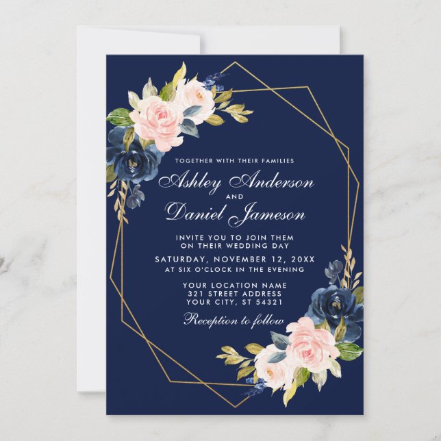 Geometric Pink Blush Blue Floral Gold Wedding Invitation (Front)