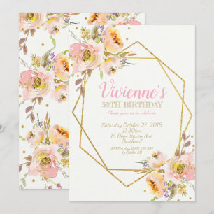 Geometric Pink Blush Floral Birthday Party 50th Invitation