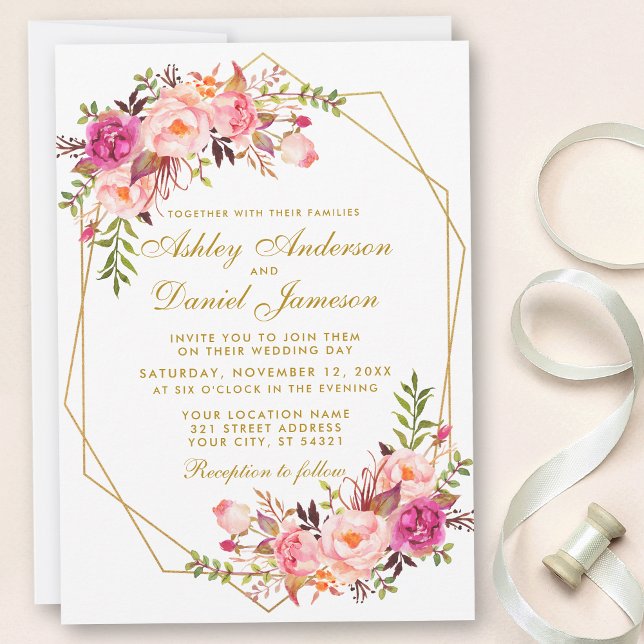 Geometric Pink Blush Floral Gold Wedding Invitation (Creator Uploaded)