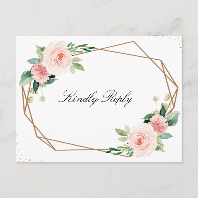 Geometric Pink blush floral wedding RSVP Postcard (Front)