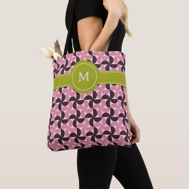 Geometric Pink Burgundy Floral Green Lime Monogram Tote Bag (Close Up)