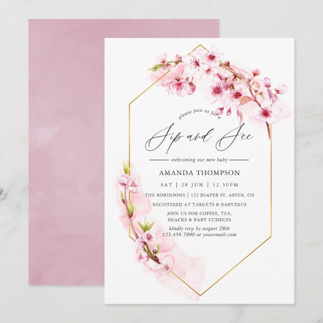 Geometric Pink Cherry Blossom Sip and See Party Invitation (Front/Back)