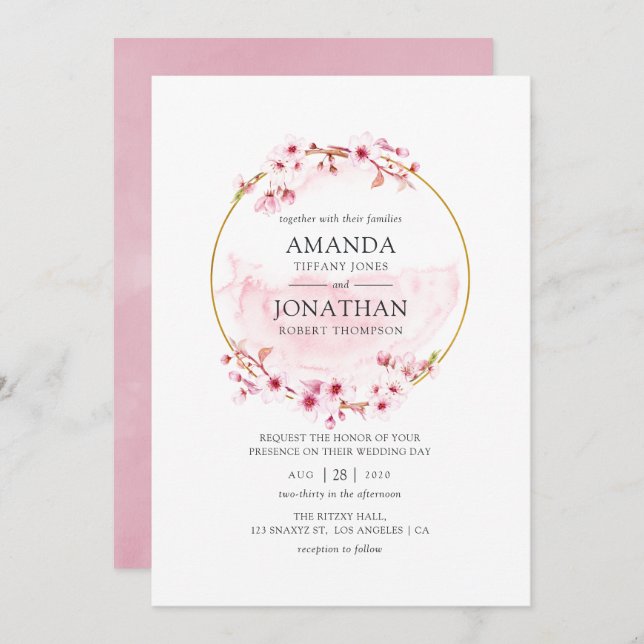 Geometric Pink Cherry Blossom Spring Wedding Invitation (Front/Back)