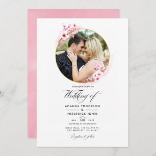 Geometric Pink Cherry Blossom Spring Wedding Photo Invitation