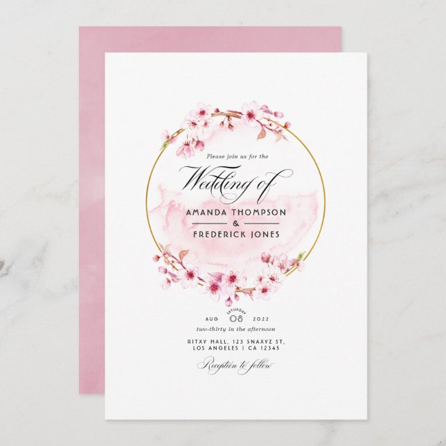 Geometric Pink Cherry Blossom Spring Wedding Photo Invitation (Front/Back)