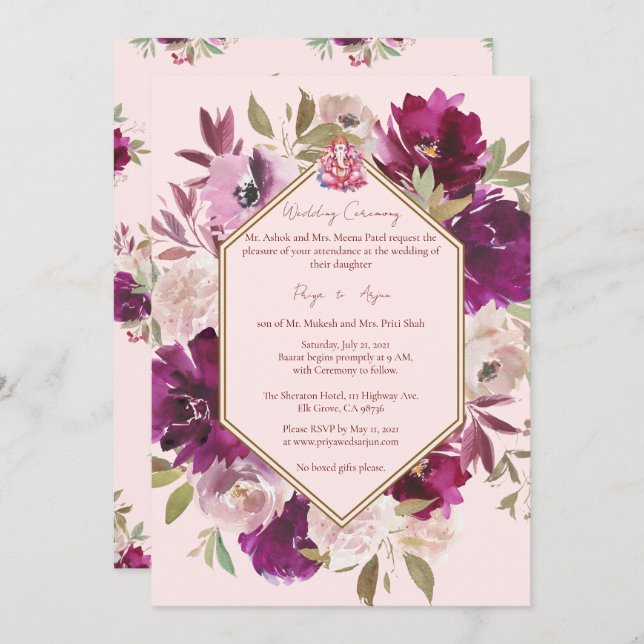 Geometric Pink Floral Hindu Ganesh Wedding Invitation (Front/Back)