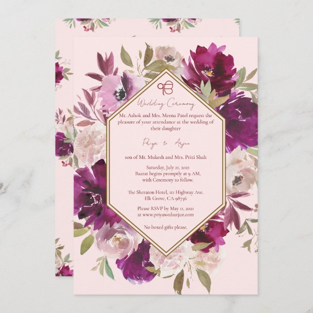 Geometric Pink Floral Sikh Ik Onkar Wedding Invitation (Front/Back)