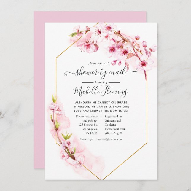 Geometric Pink Floral Spring Baby Shower by Mail Invitation (Front/Back)