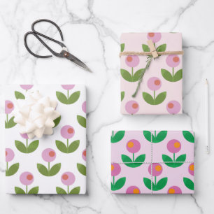 Geometric Pink Flowers Wrapping Paper Sheet