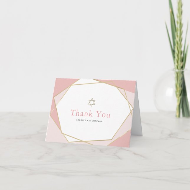 Geometric Pink & Gold Bat Mitzvah Thank You Card (Front)