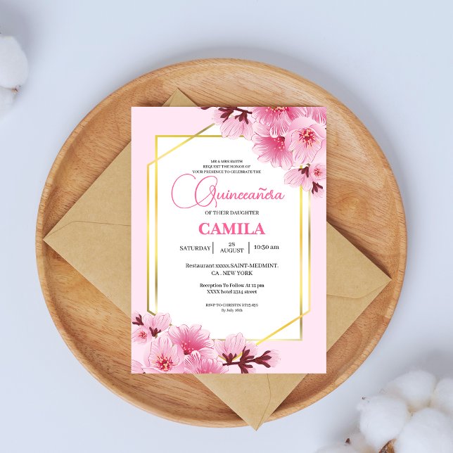 Geometric Pink gold Cherry Blossom Quinceañera Invitation (Creator Uploaded)
