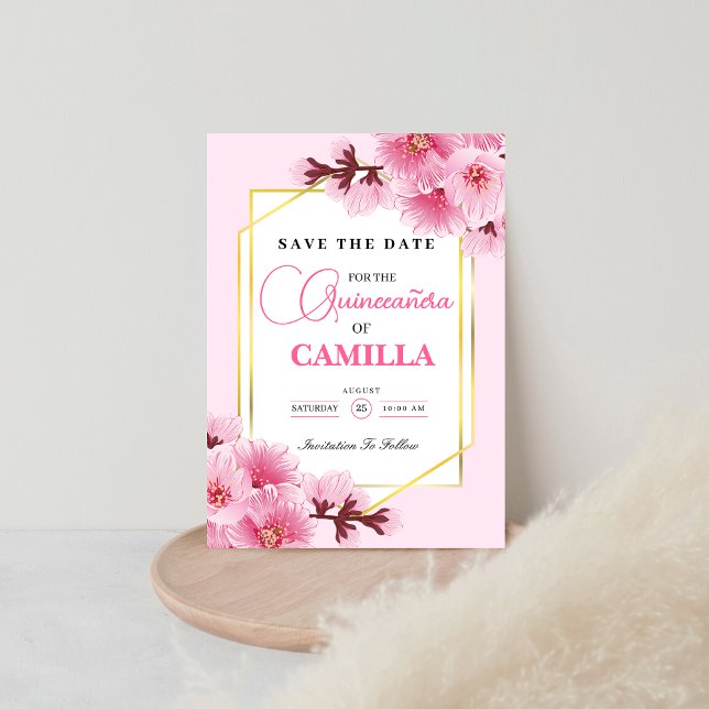 Geometric Pink gold Cherry Blossom Quinceañera Save The Date (Creator Uploaded)