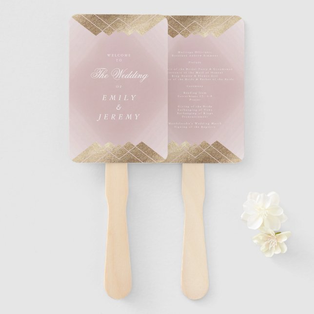 Geometric Pink Gold Gatsby Wedding Hand Fan (Front and Back)