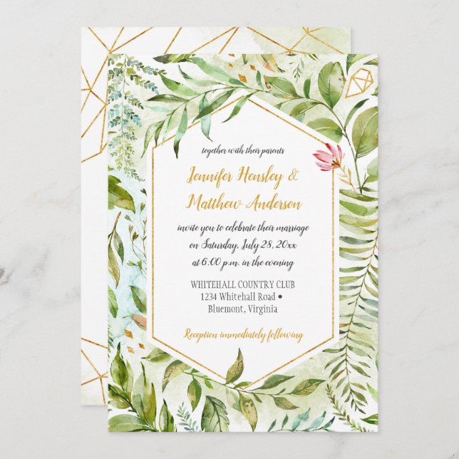 Geometric Pink Green Gold Botanicals Wedding Invitation (Front/Back)
