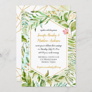 Geometric Pink Green Gold Botanicals Wedding Invitation