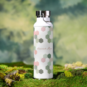 Geometric Pink & Green Honeycomb   Monogram Water Bottle