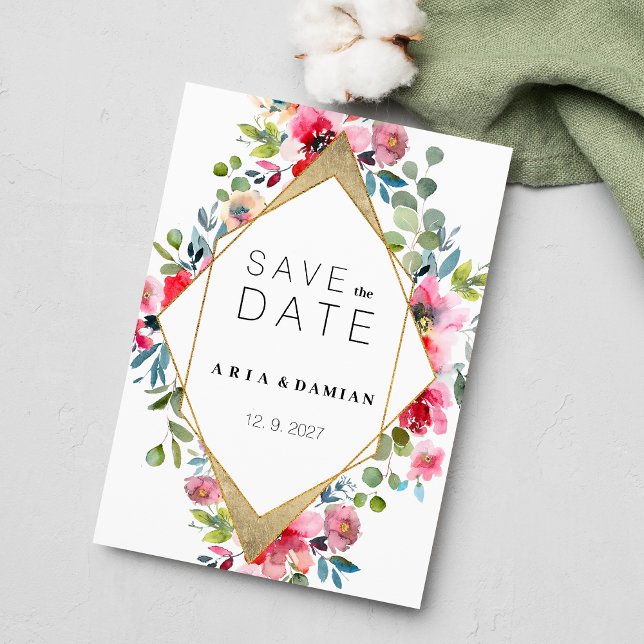 Geometric pink mint red gold floral Save the Date  Invitation (Geometric pink mint red gold floral Save the Date)