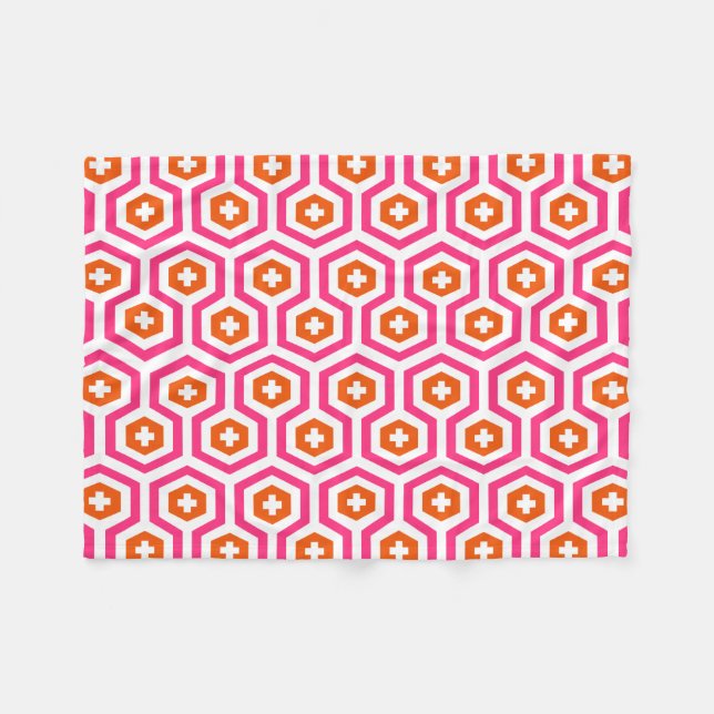 Geometric Pink Orange Hexagon & Cross Pattern Fleece Blanket (Front (Horizontal))