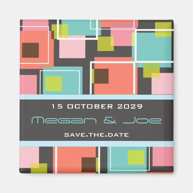 Geometric Pink Retro Cubes Modern Save Date Date Magnet (Front)