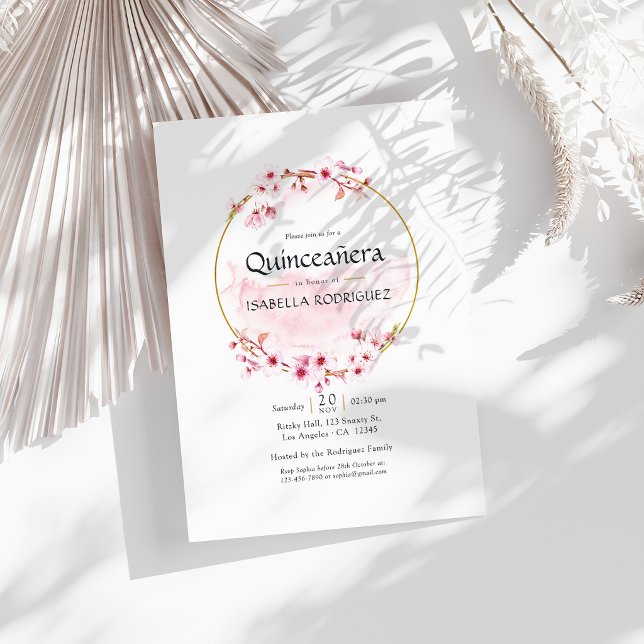 Geometric Pink Spring Cherry Blossom Quinceañera Invitation (Geometric Pink Spring Cherry Blossom Quinceañera Invitation)