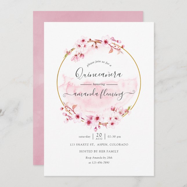 Geometric Pink Spring Cherry Blossom Quinceañera Invitation (Front/Back)