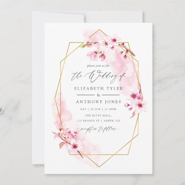 Geometric Pink Spring Cherry Blossom Wedding Invitation (Front)