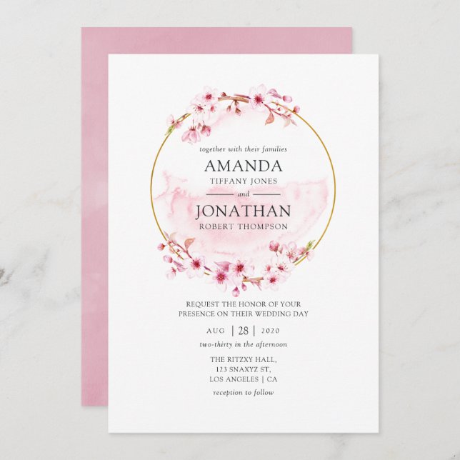 Geometric Pink Spring Cherry Blossom Wedding Invitation (Front/Back)