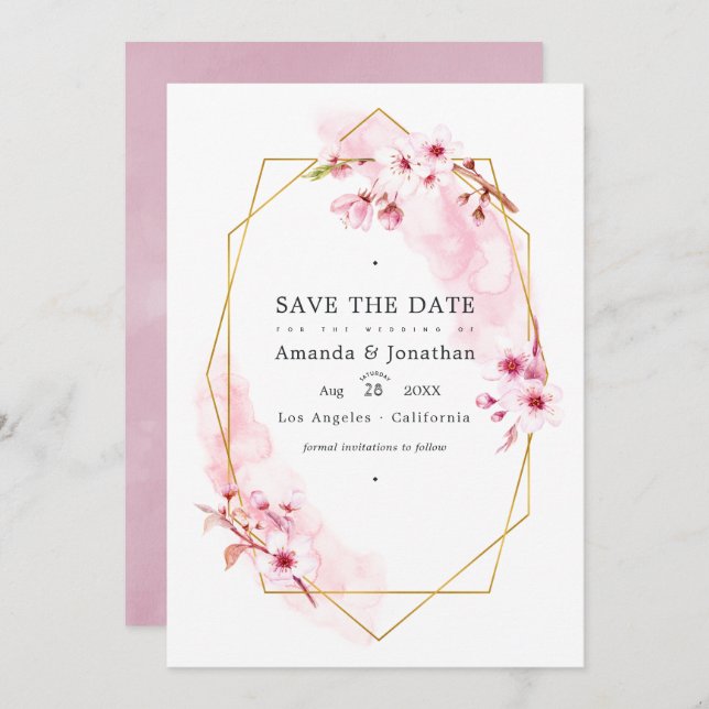 Geometric Pink Spring Cherry Blossom Wedding Photo Save The Date (Front/Back)