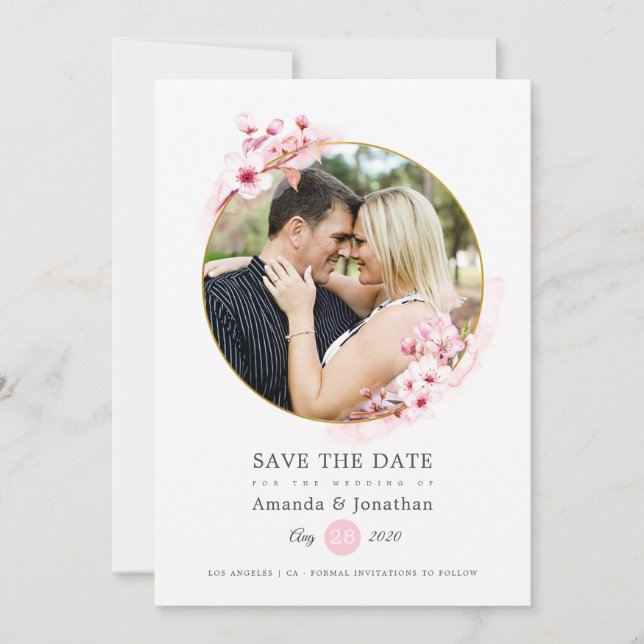 Geometric Pink Spring Cherry Blossom Wedding Save The Date (Front)