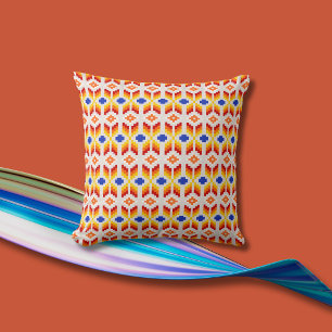 Geometric Pixel Floral Pattern in Red Orange Yello Cushion