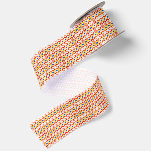Geometric Pixel Floral Pattern in Red Orange Yello Satin Ribbon