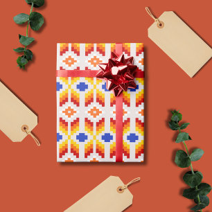 Geometric Pixel Floral Pattern in Red Orange Yello Wrapping Paper