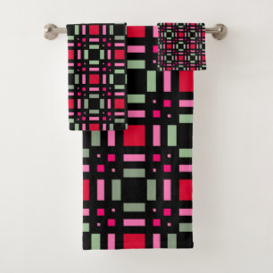 Geometric plaid green red black stripes bath towel set