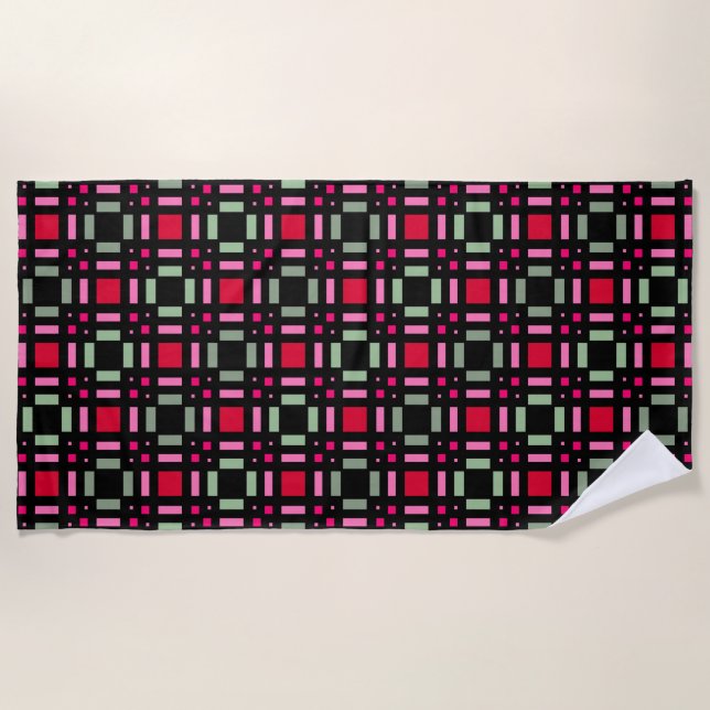 Geometric plaid green red black stripes  beach towel (Front)