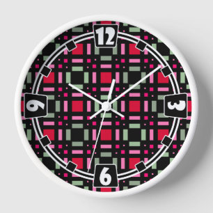 Geometric plaid green red black stripes  clock