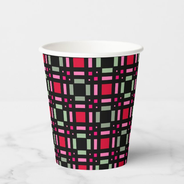 Geometric plaid green red black stripes  paper cups (Front)