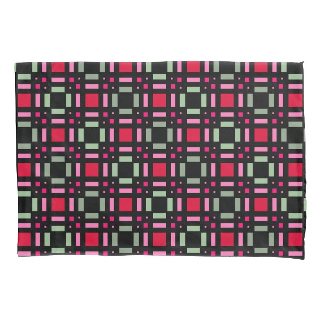 Geometric plaid green red black stripes  pillowcase (Front)