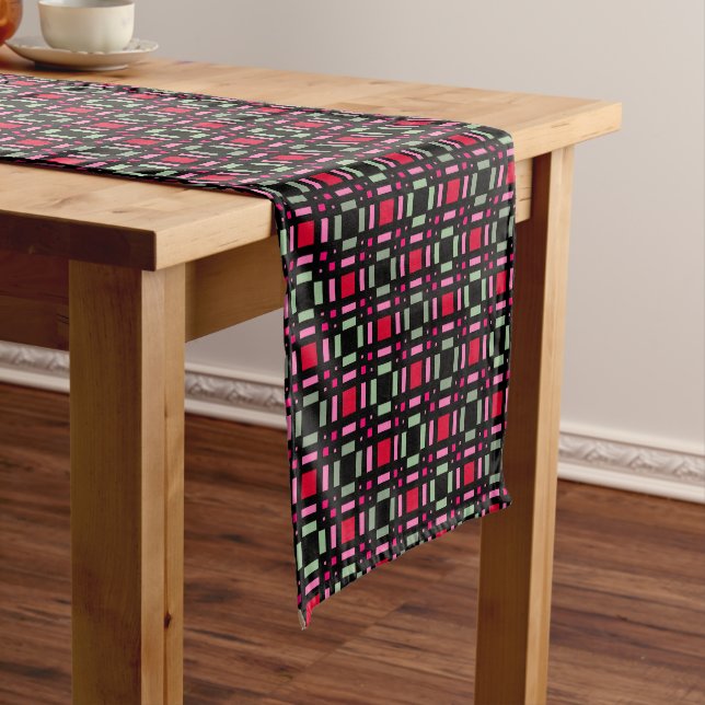 Geometric plaid green red black stripes  short table runner (In Situ)