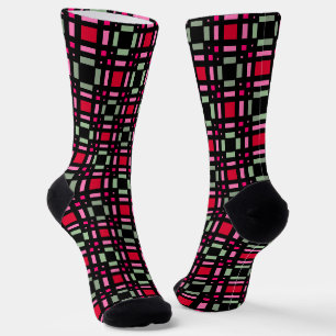 Geometric plaid green red black stripes socks