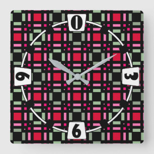 Geometric plaid green red black stripes square wall clock