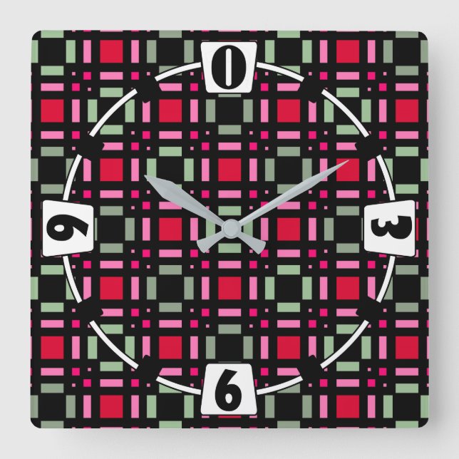 Geometric plaid green red black stripes  square wall clock (Front)