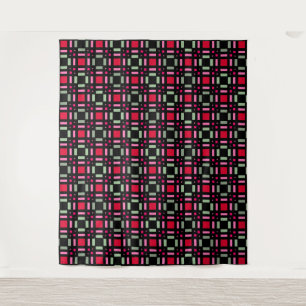 Geometric plaid green red black stripes tapestry