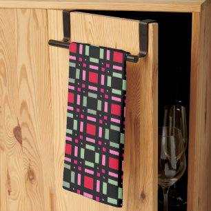 Geometric plaid green red black stripes tea towel