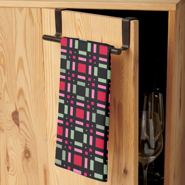 Geometric plaid green red black stripes  tea towel (Thirds Fold)