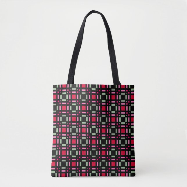 Geometric plaid green red black stripes  tote bag (Front)
