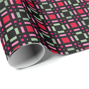 Geometric plaid green red black stripes wrapping paper