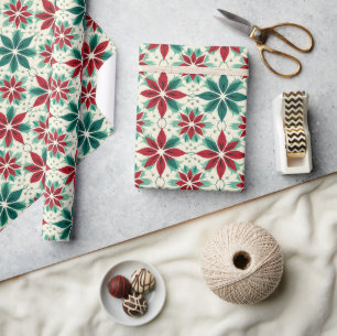 Geometric Poinsettia Red Green Xmas Pattern Gift Wrapping Paper